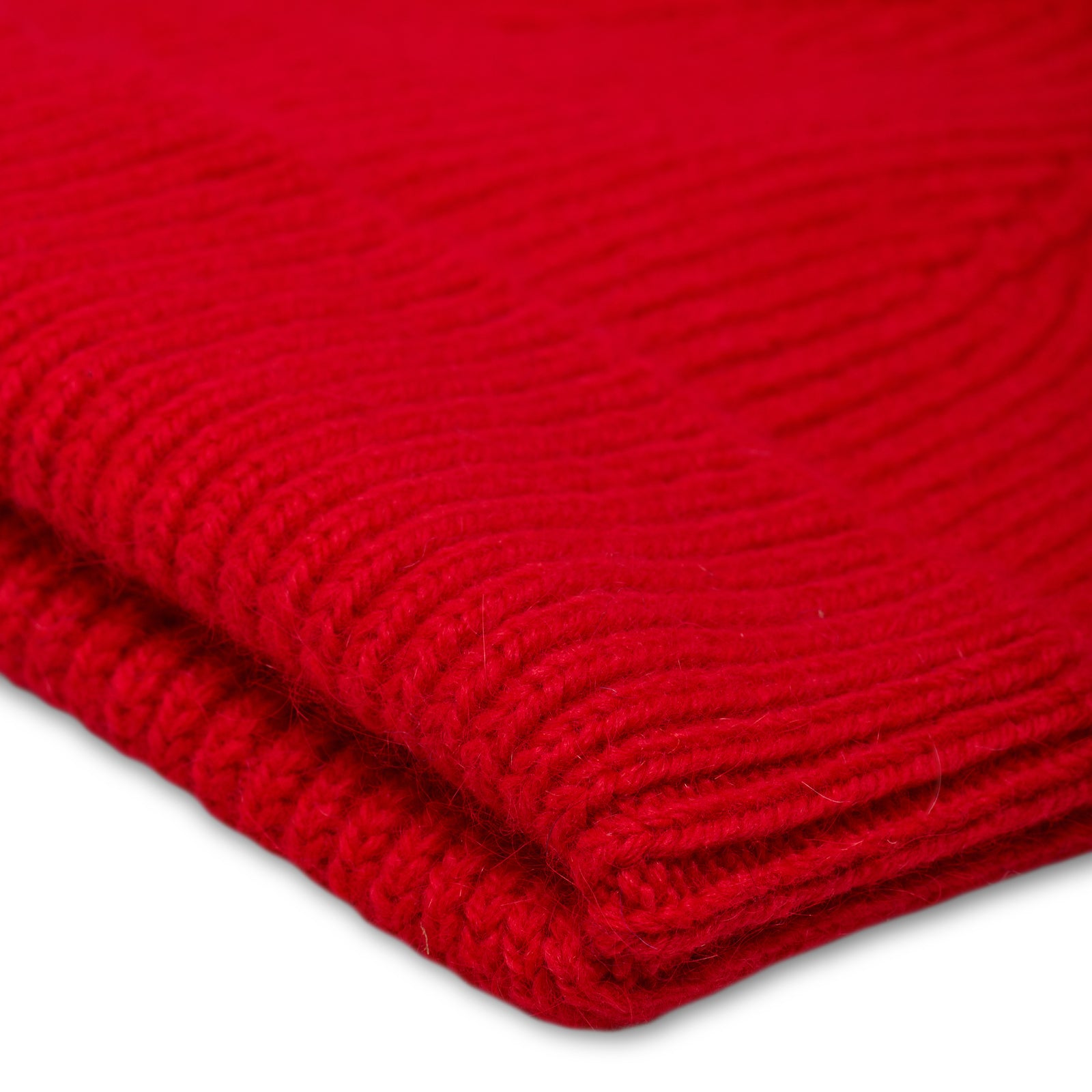 Maille du BONNET CLASSIQUE RED en gros plan macro, tricotée par Robert Mackie of Scotland