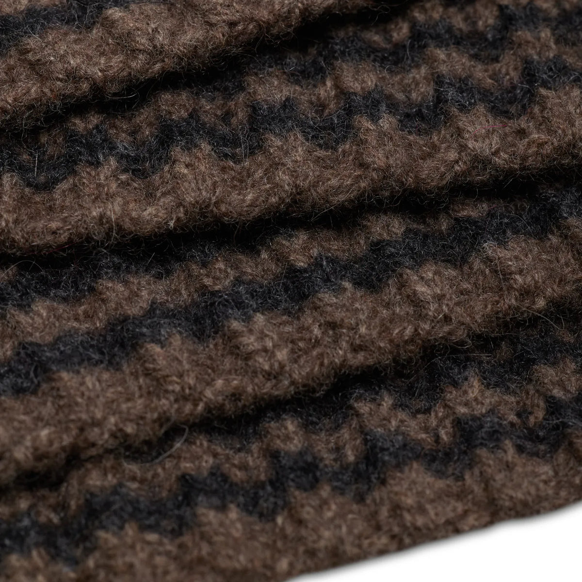 Maille côtelée de la CAPUCHE  ÉCHARPE RAYEE CHARCOAL MOCHA en gros plan macro, tricotée par Robert Mackie of Scotland